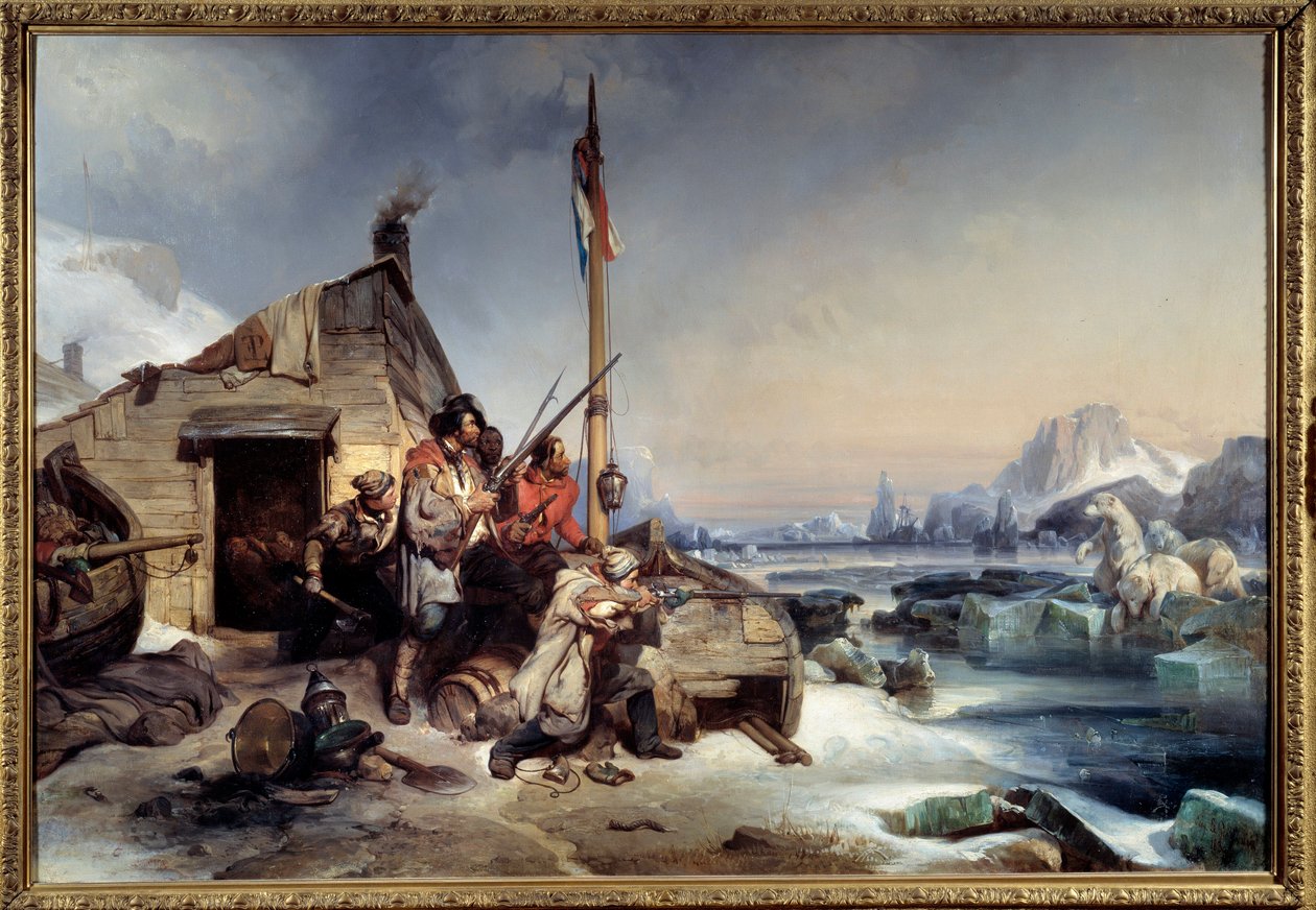 Vinter av et mannskap av nederlandske sjømenn på kysten av New Zemble isbjørnjegere på de arktiske øyene i New Zemble. Maleri av Eugene Lepoittevin av Eugene Modeste Edmond Lepoittevin