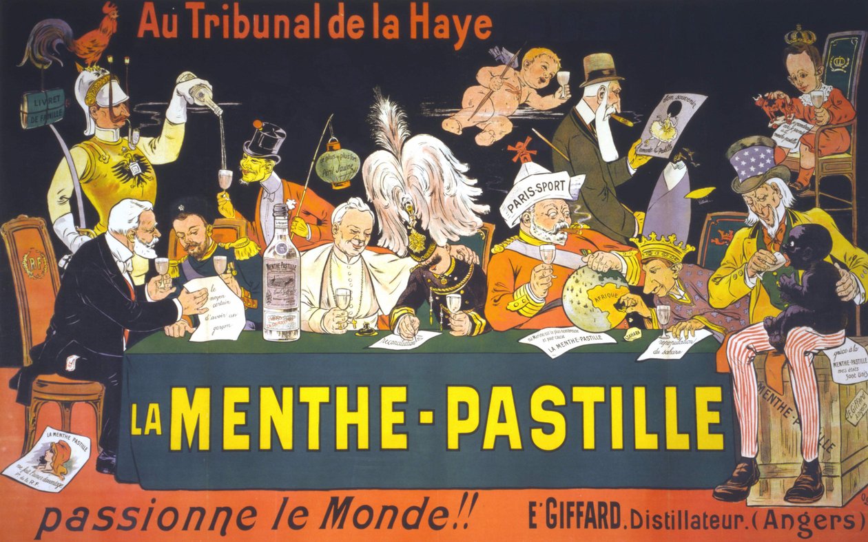 Cartoon poster on the Peace Conference in the Hague in 1899: “” In the Hague Court, the mint-pastilla - passionates the world!” by Eugène Ogé (1861 - 1936) av Eugene Oge