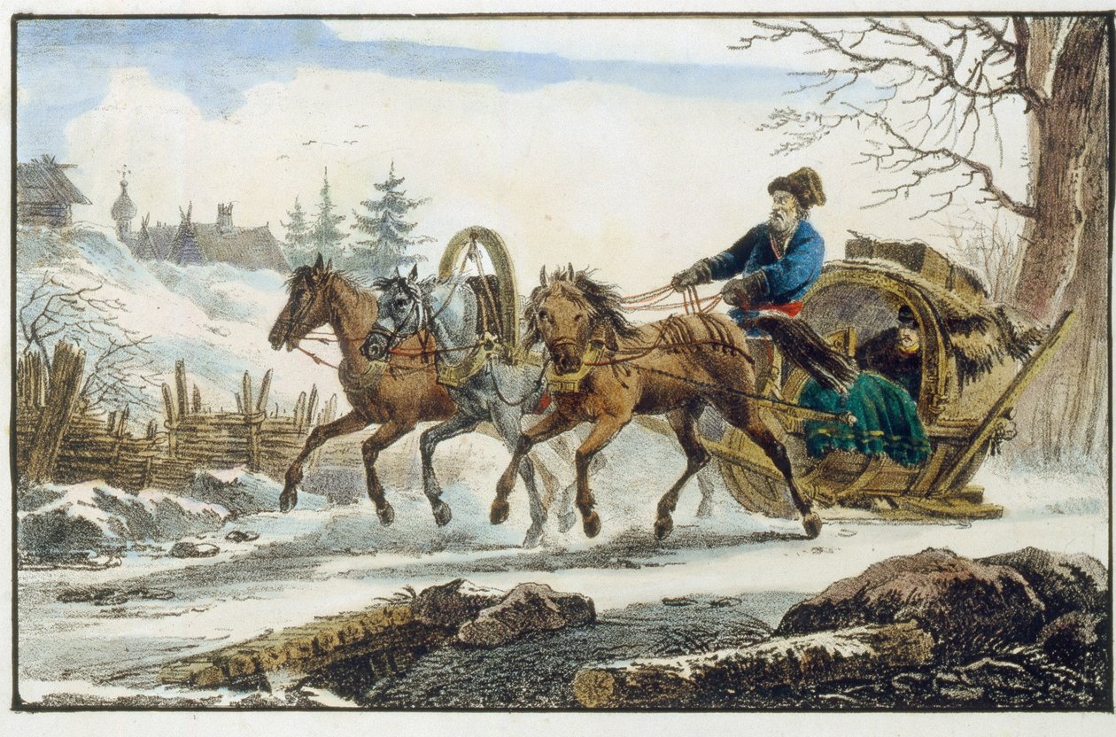 Hestesleden, med ly for reisende. (Troika Kibitka). Verk av Eugene Pluchard (1809-1880), litografi og akvarell av Eugéne Pluchart