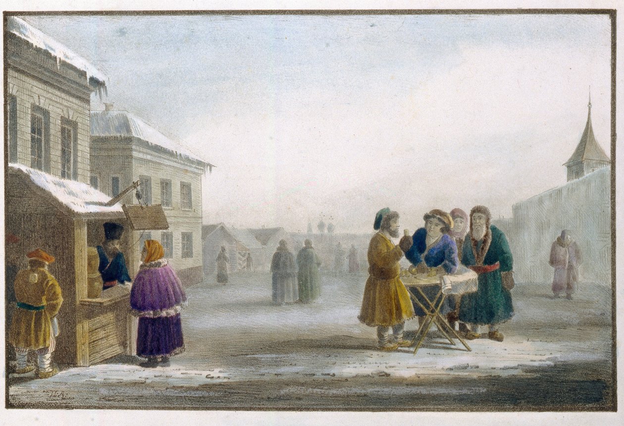 Omreisende tobakkselger foran en tobakksbutikk i Russland. Verk av Eugene Pluchart (1809-1880), litografi og akvarell av Eugéne Pluchart