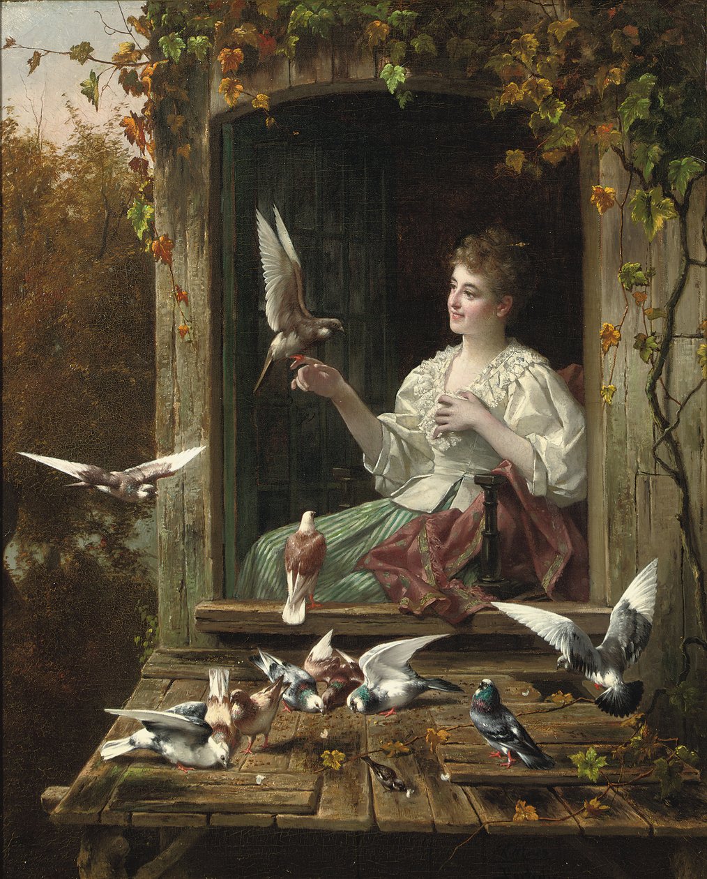 Feeding the Birds (olje på lerret) av Eugene Remy and Portielje Jan Maes