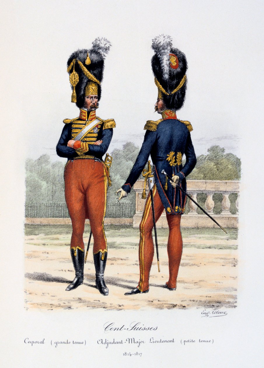 Cent-Suisses, korporal heldress, adjudant-majorløytnant kle av seg, 1814-17 av Eugene Titeux