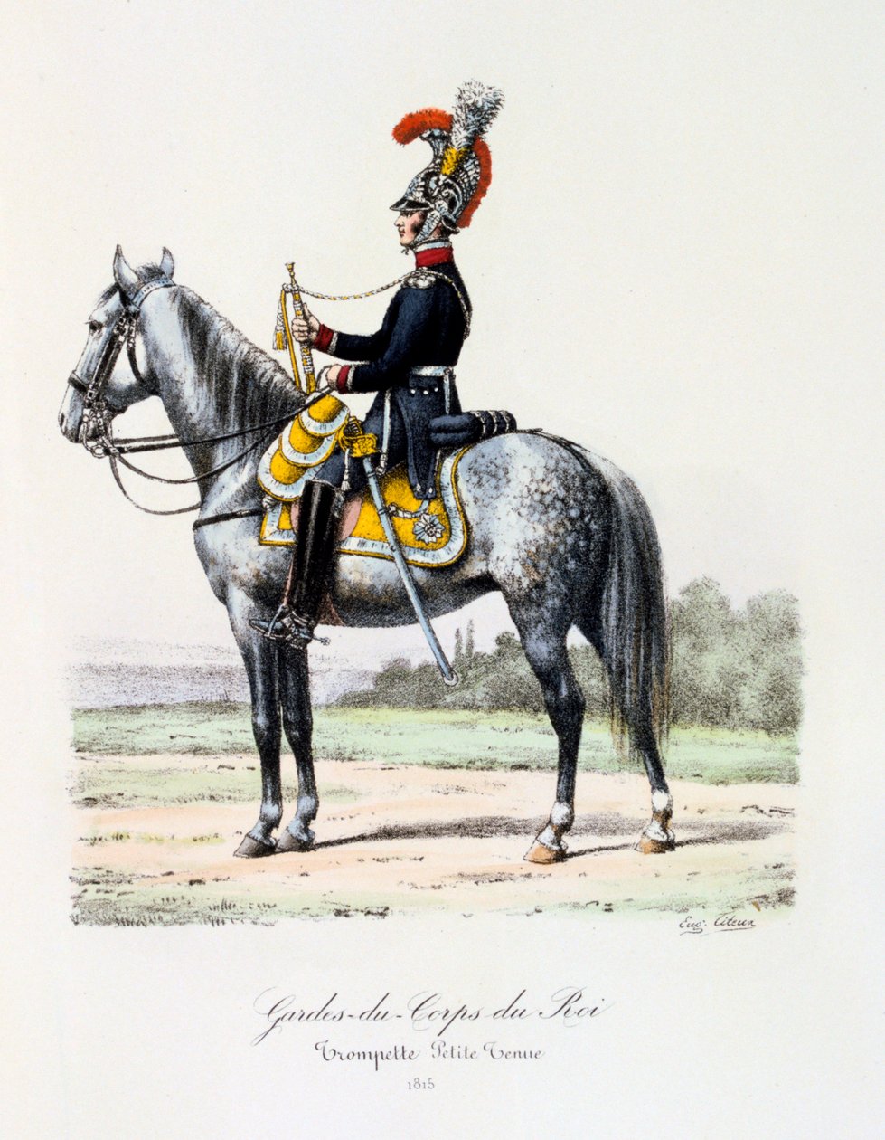 Gardes-du-Corps de Roi, trompetist kle av seg, 1815 av Eugene Titeux