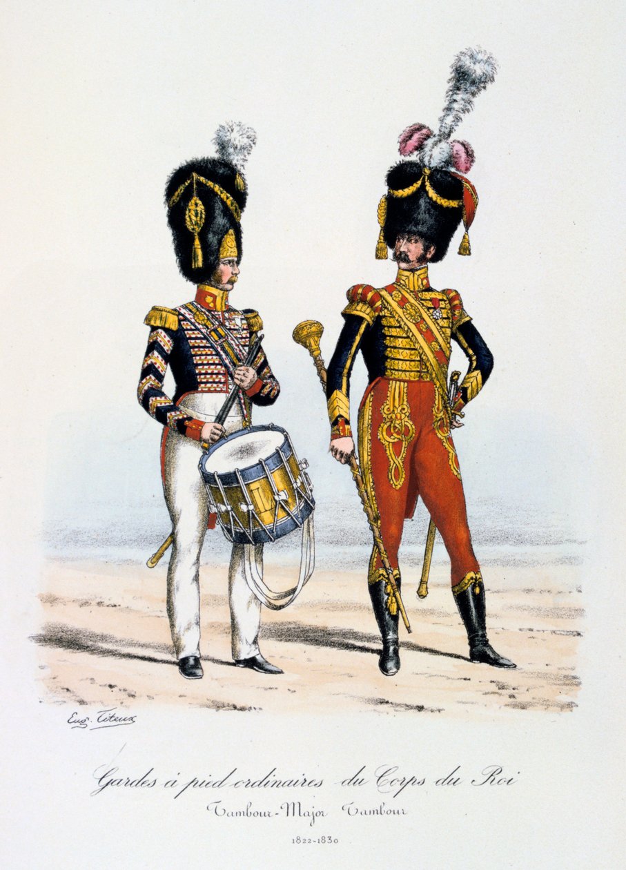 Ordinære fotvakter av kongens korps, trommemajor og trommeslager, 1822-30 av Eugene Titeux