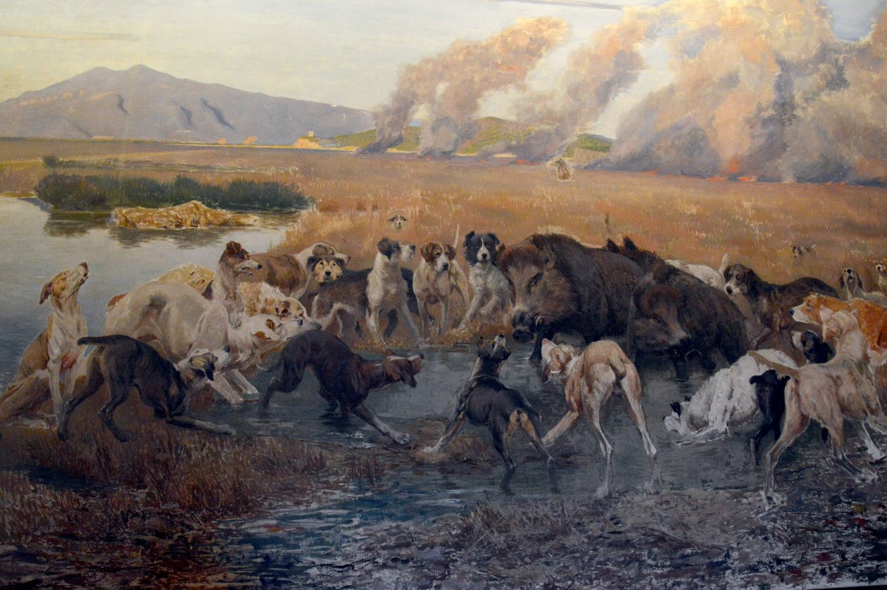 Detalj av Eugenio Cecconis maleri Villsvinjakten i Padule di Burano ved Galleria d