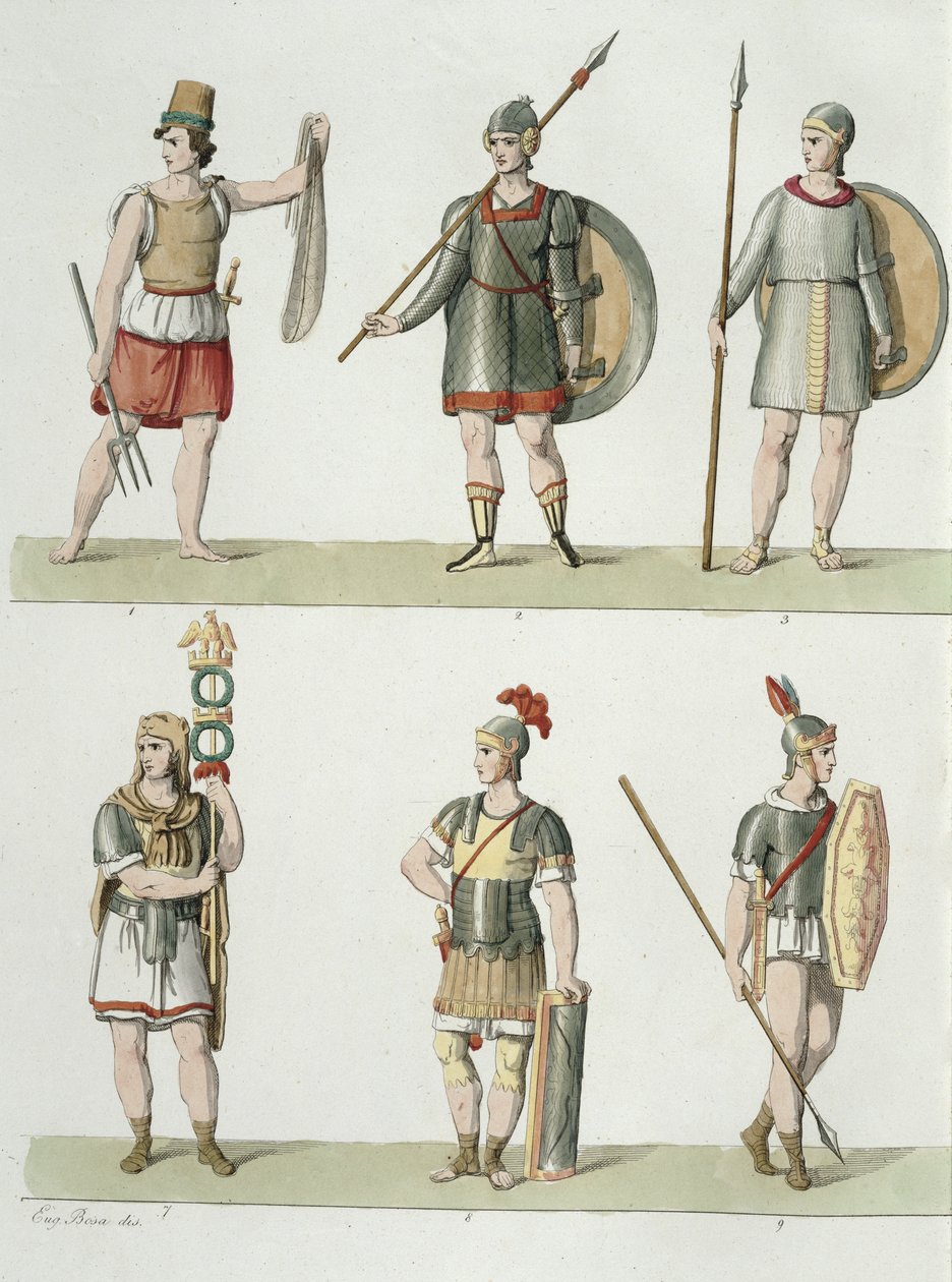 Roman Soldiers, detalj fra plate 2, klasse 5 i del I av The History of the Nations, gravert av Buttazon aquatint se også 93289 av Eugenio Bosa