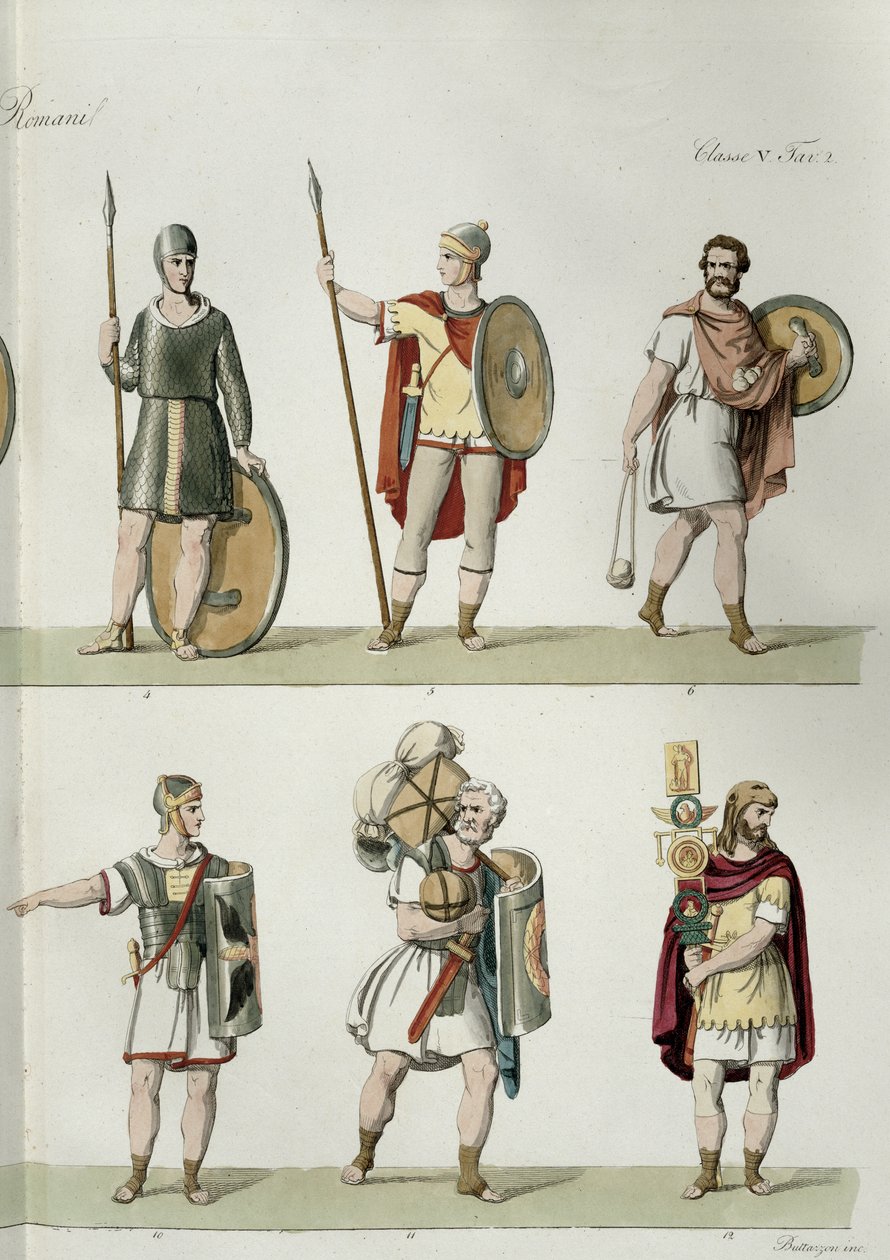 Roman Soldiers, detalj fra plate 2, klasse 5 i del I av The History of the Nations, gravert av Buttazon (akvatint) (se også 93288) av Eugenio Bosa