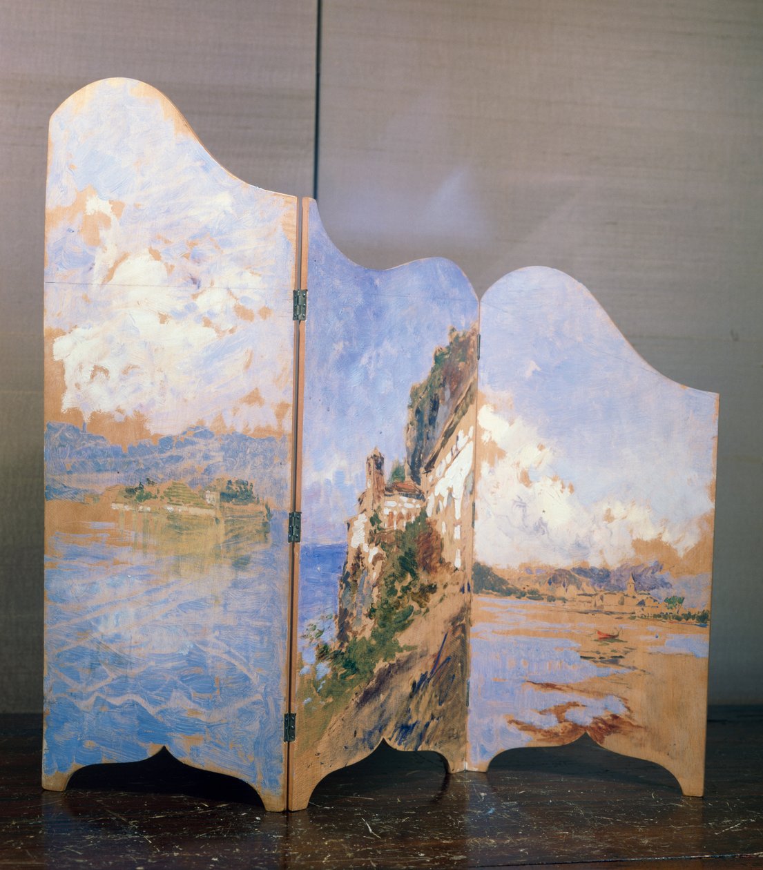 Tre utsikt over Lago Maggiore: Isola Bella, Santa Caterina del Sasso, Isola dei Pescatori av Eugenio Gignous