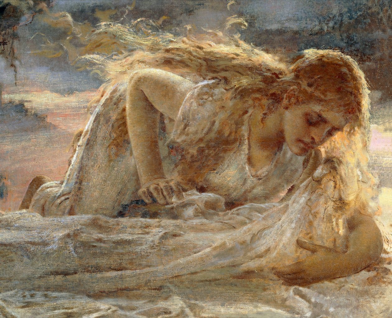 Magdalena som kysser Kristi føtter når han blir tatt ned fra korset, detalj fra Kristus og Maria Magdalena av Eugenio Prati