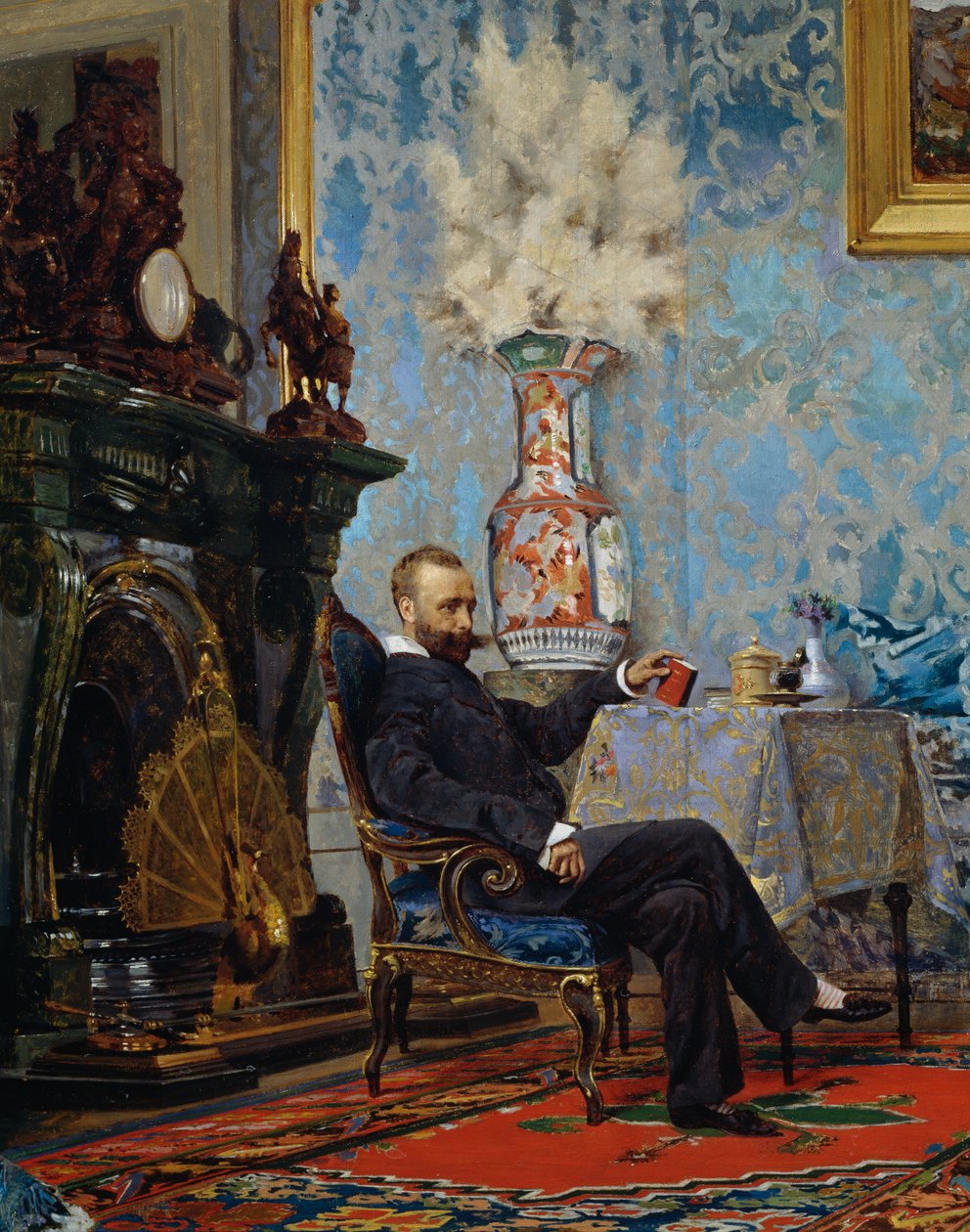 Peter Fabricci sitter i stuen, detalj fra Fabricci-familien, ca 1880, av Eugene Scomparini (1845-1913), olje på lerret, 68x187 cm, Italia av Eugenio Scomparini