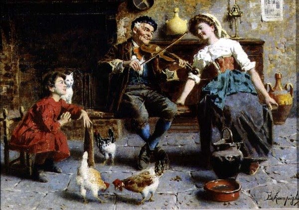 Old Man Playing the Fiddle (olje på lin) av Eugenio Zampighi