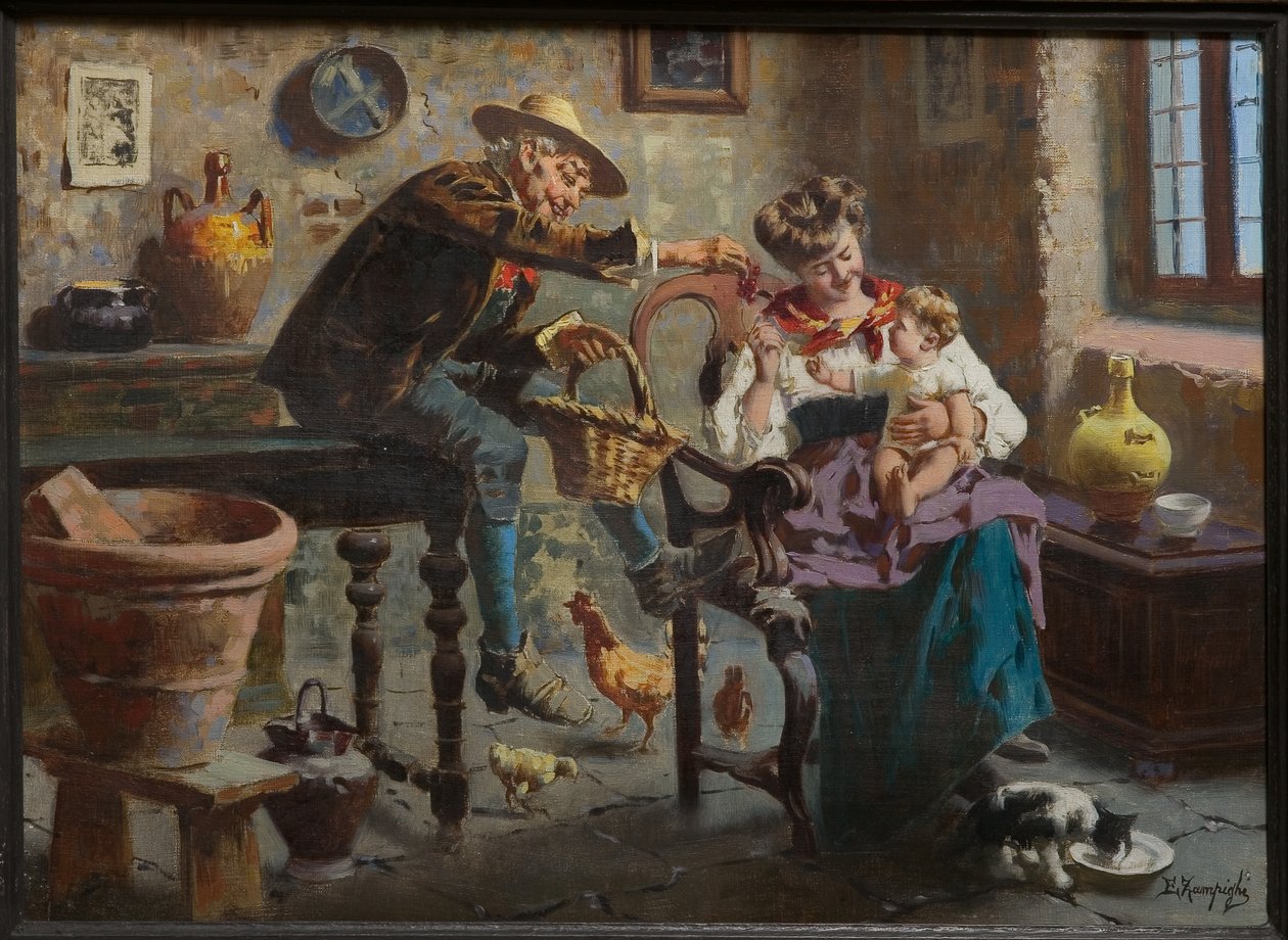 Scene med en mann, en kvinne og en babyjente (olje på lerret) av Eugenio Zampighi
