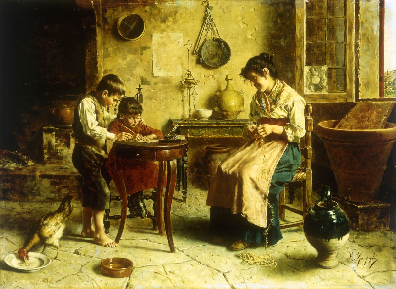 The Writing Lesson (olje på lerret) av Eugenio Zampighi