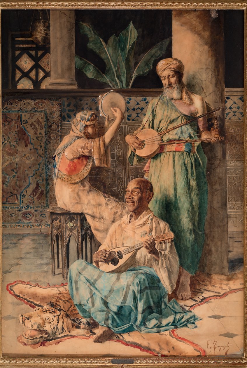 Tre orientalske musikkspillere (tempera på papir) av Eugenio Zampighi