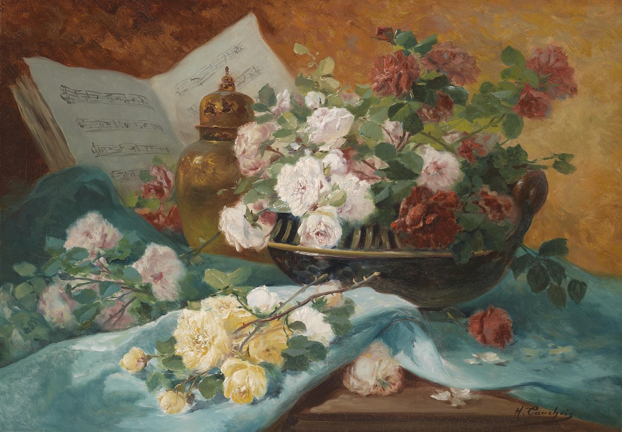 Stilleben med roser i en bolle, et ornament og et partitur av Eugene Henri Cauchois