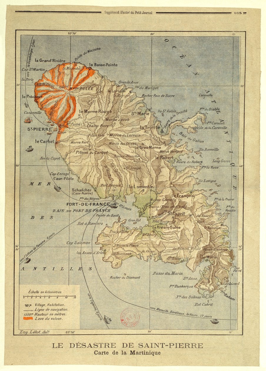 Katastrofen i Saint-Pierre. Kart over Martinique av Eugène Letot