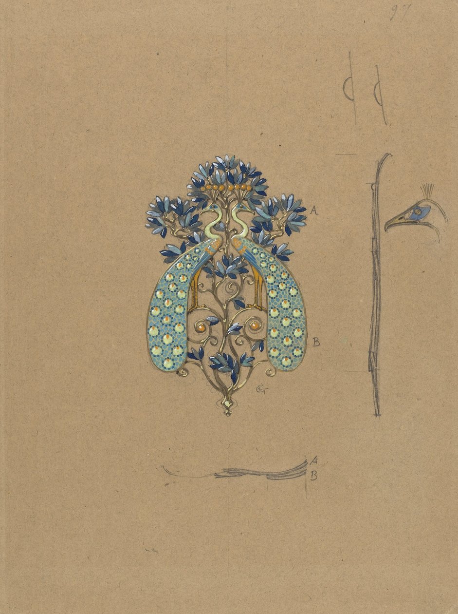 Design for et beltespenne med påfuglmotiv av Eugene Grasset