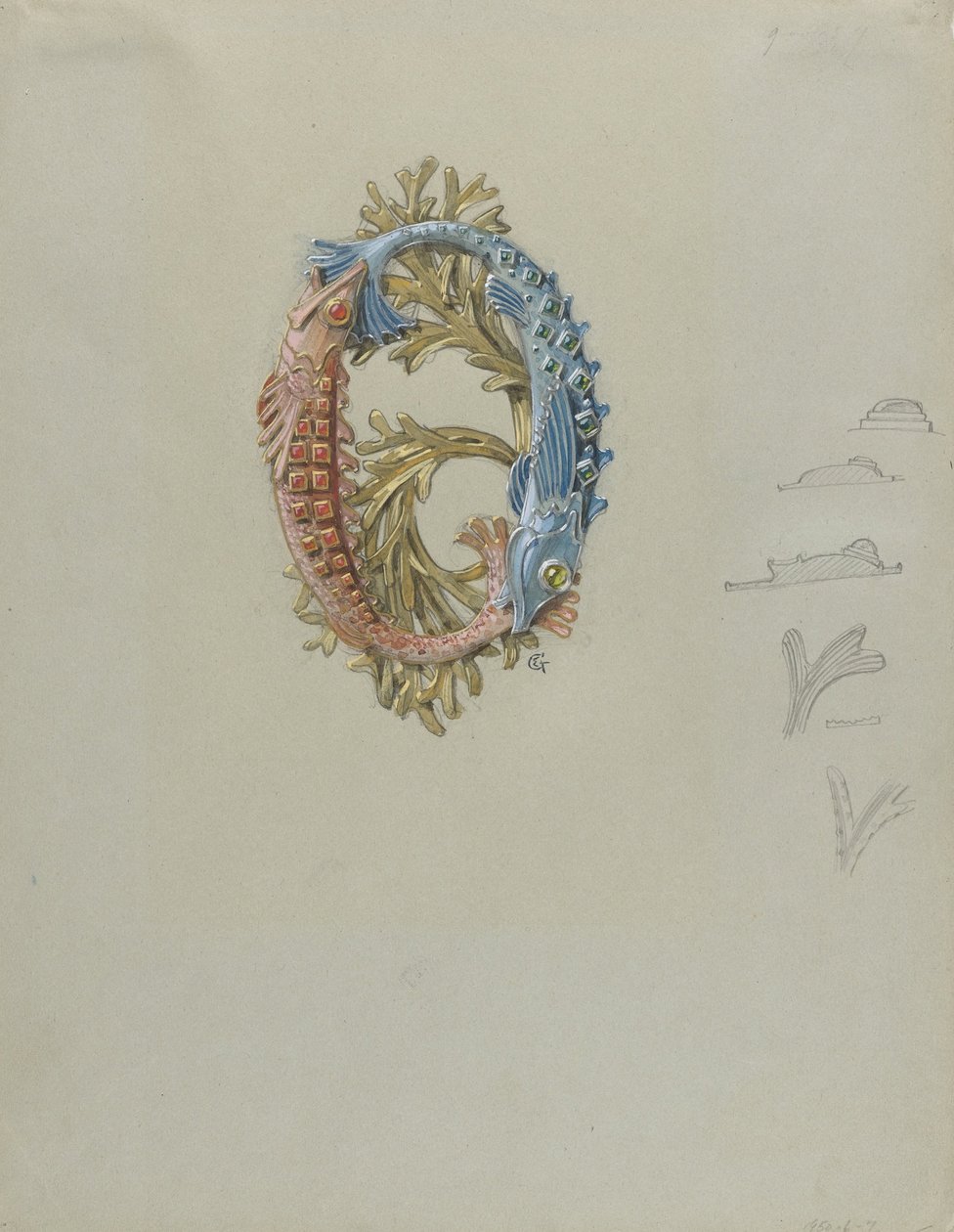 Design for et beltespenne med to fisk og tang av Eugene Grasset