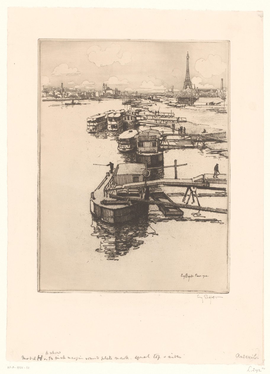 Kai med omnibusbåter i Paris med Eiffeltårnet i bakgrunnen av Eugène Bejot (signed by artist)