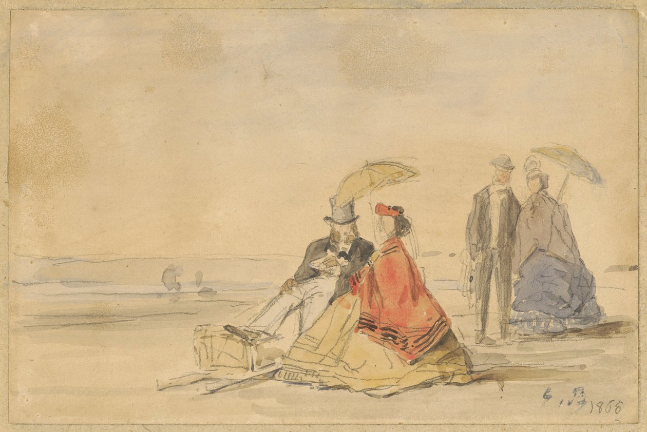 Et par sittende og et par som går på stranden av Eugène Boudin