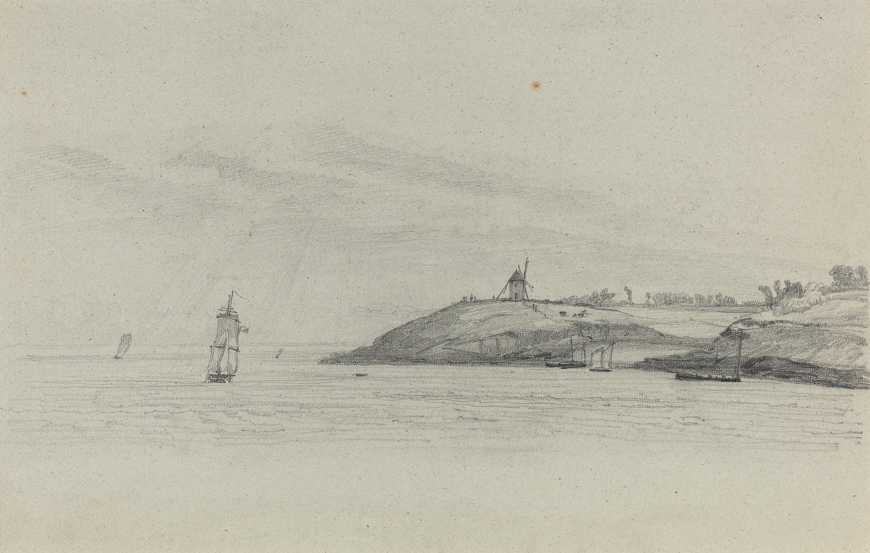 Kystlandskap med Skipsfart; Vindmølle i avstand av Eugène Boudin
