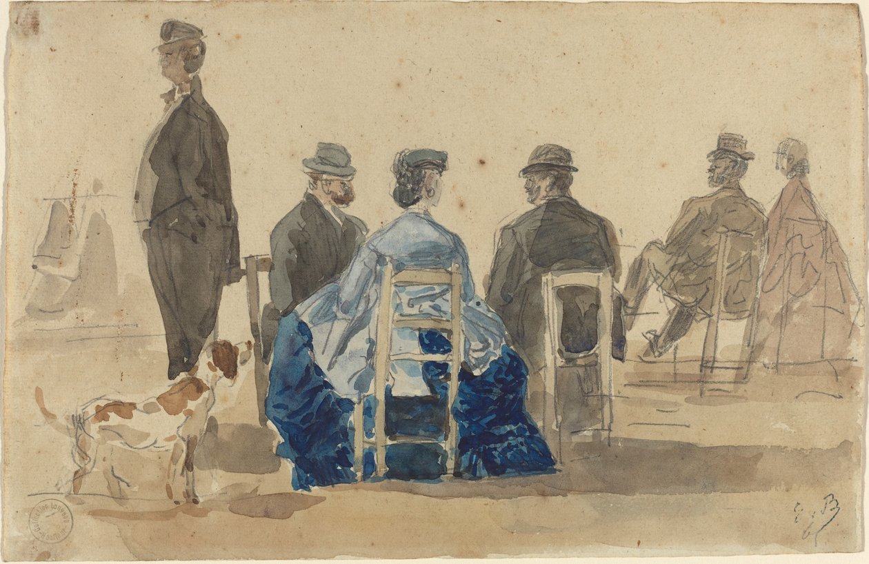 Mine damer og herrer sitter på stranden med en hund av Eugène Boudin