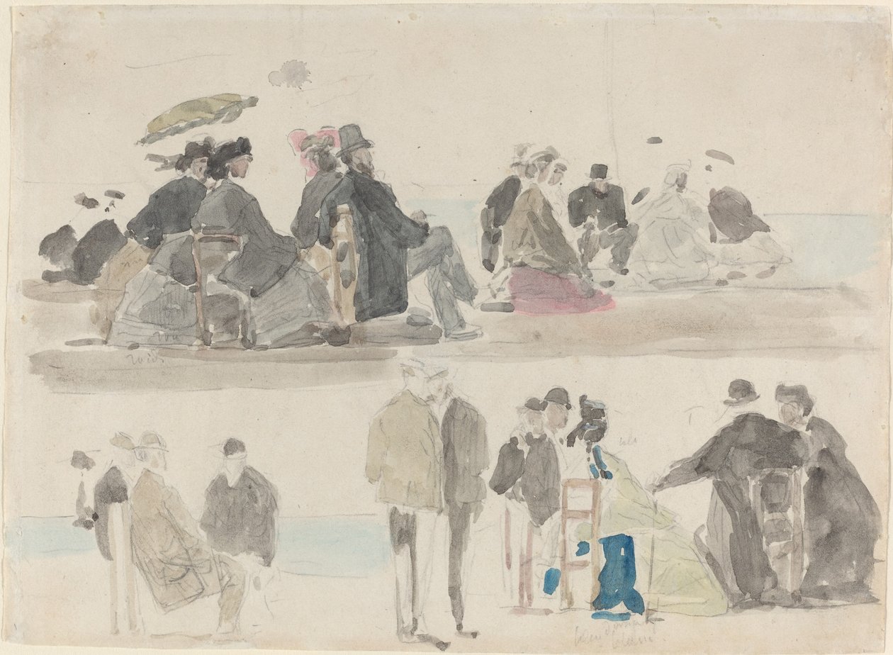 Mine damer og herrer på stranden, i to registre av Eugène Boudin