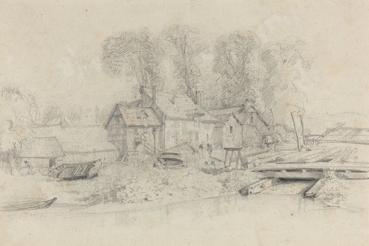 Elvelandskap med bygninger, båter og figurer av Eugène Boudin