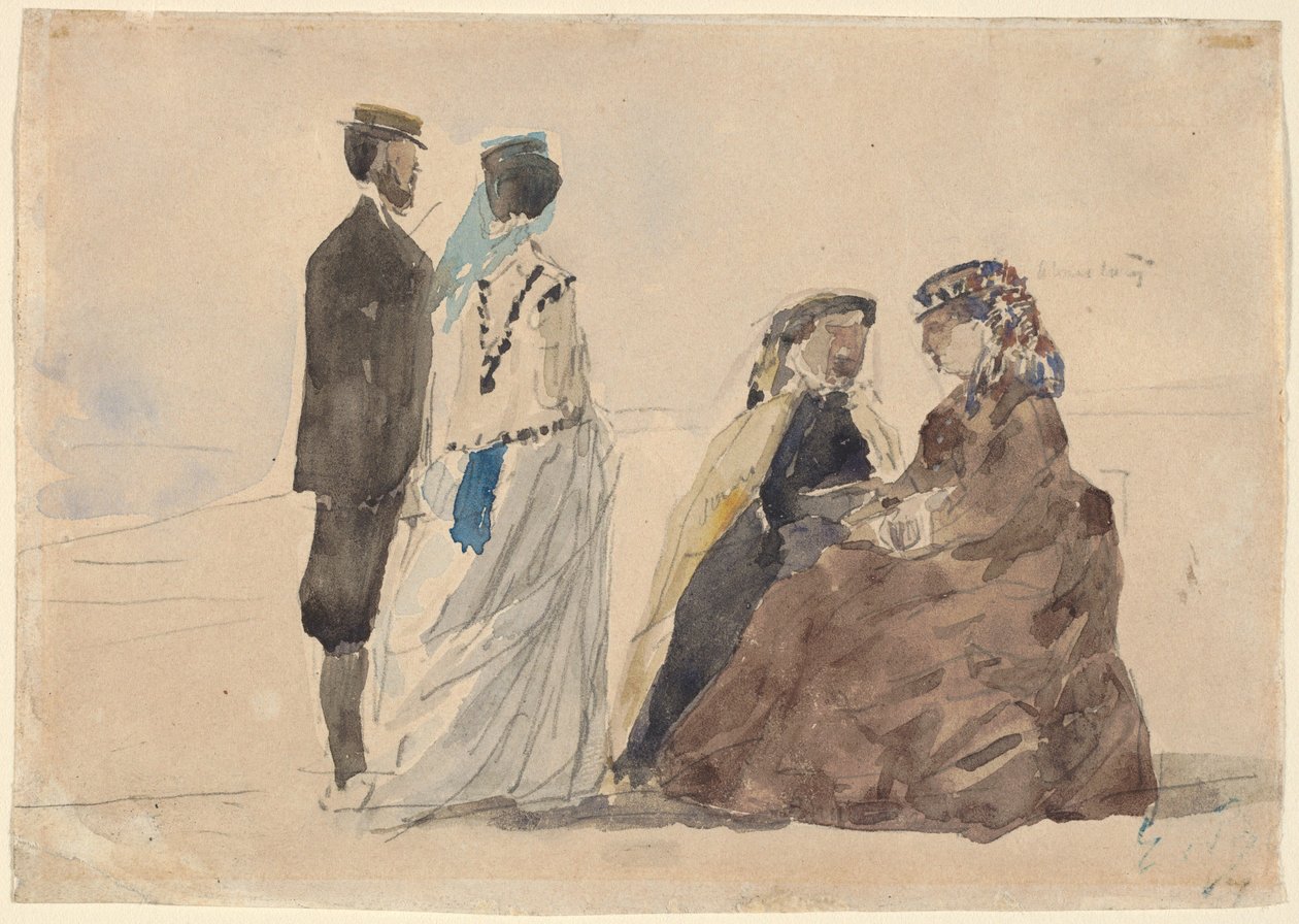 To kvinner som sitter og et par går på stranden av Eugène Boudin