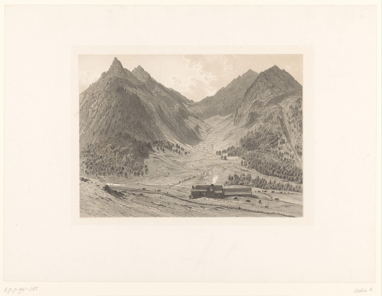 Fjelllandskap med hus i alpin eng av Eugène Cicéri (attributed to)