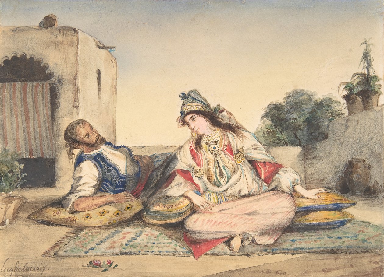 Et marokkansk par på terrassen deres, 1832. av Eugène Delacroix