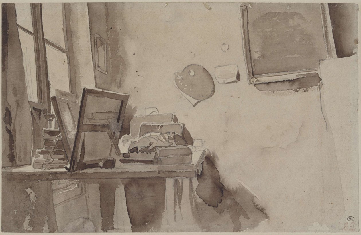 Et hjørne av studio, ca 1825. av Eugène Delacroix