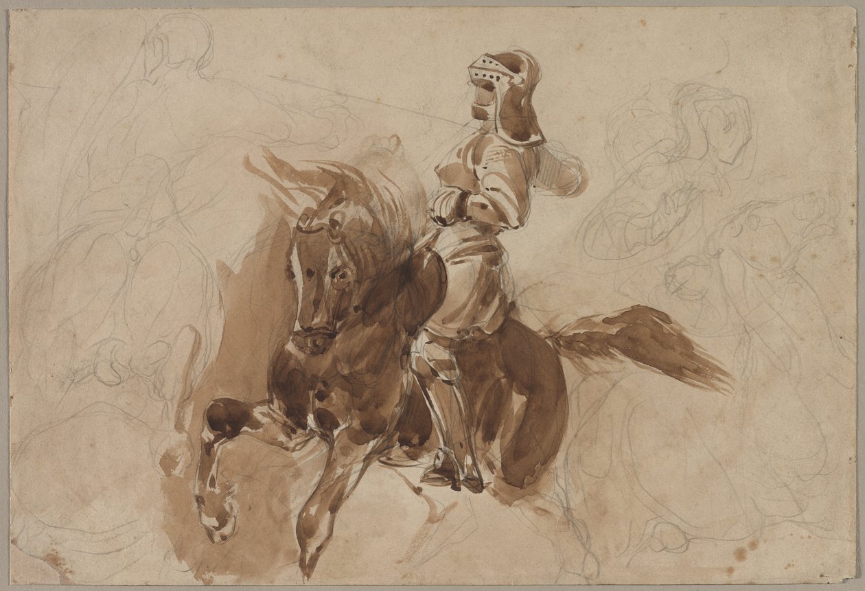 Panserfigur på hesteryggen (recto) av Eugène Delacroix