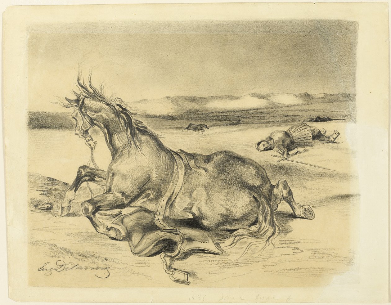 Fallen Horse and Dead Knight   1300771   no       norwegian Successfully Translated  Original: Camp Scene with Bugler and Farriers Booth, 17th century Translat: 