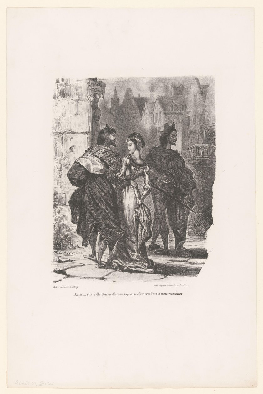 Faust probeert Grietje te verleiden Faust: Min vakre unge dame, ville jeg våge å tilby deg armen min og kjøre deg hjem? (tittel på objekt) Faust (serietittel) Faust, tragedie av M. de Goethe (serietittel) av Eugène Delacroix