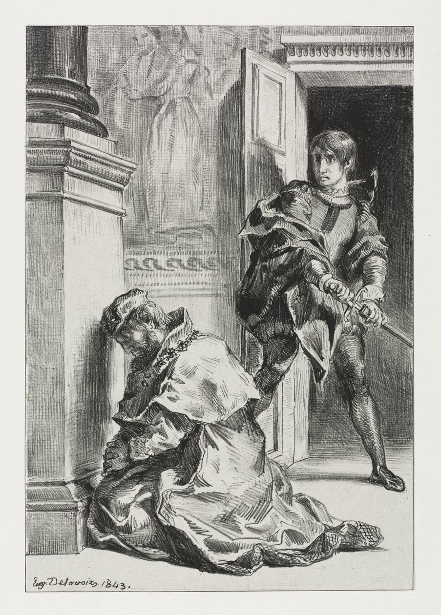 Hamlet: Hamlet forsøker å drepe kongen av Eugène Delacroix