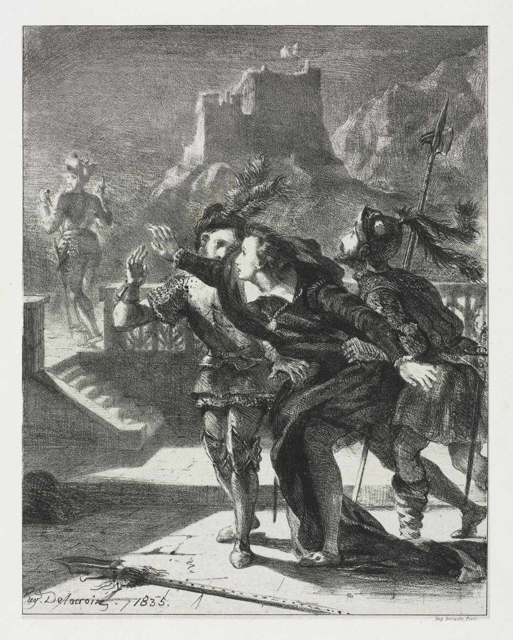 Hamlet: Hamlet skynder seg å følge sin fars ånd av Eugène Delacroix