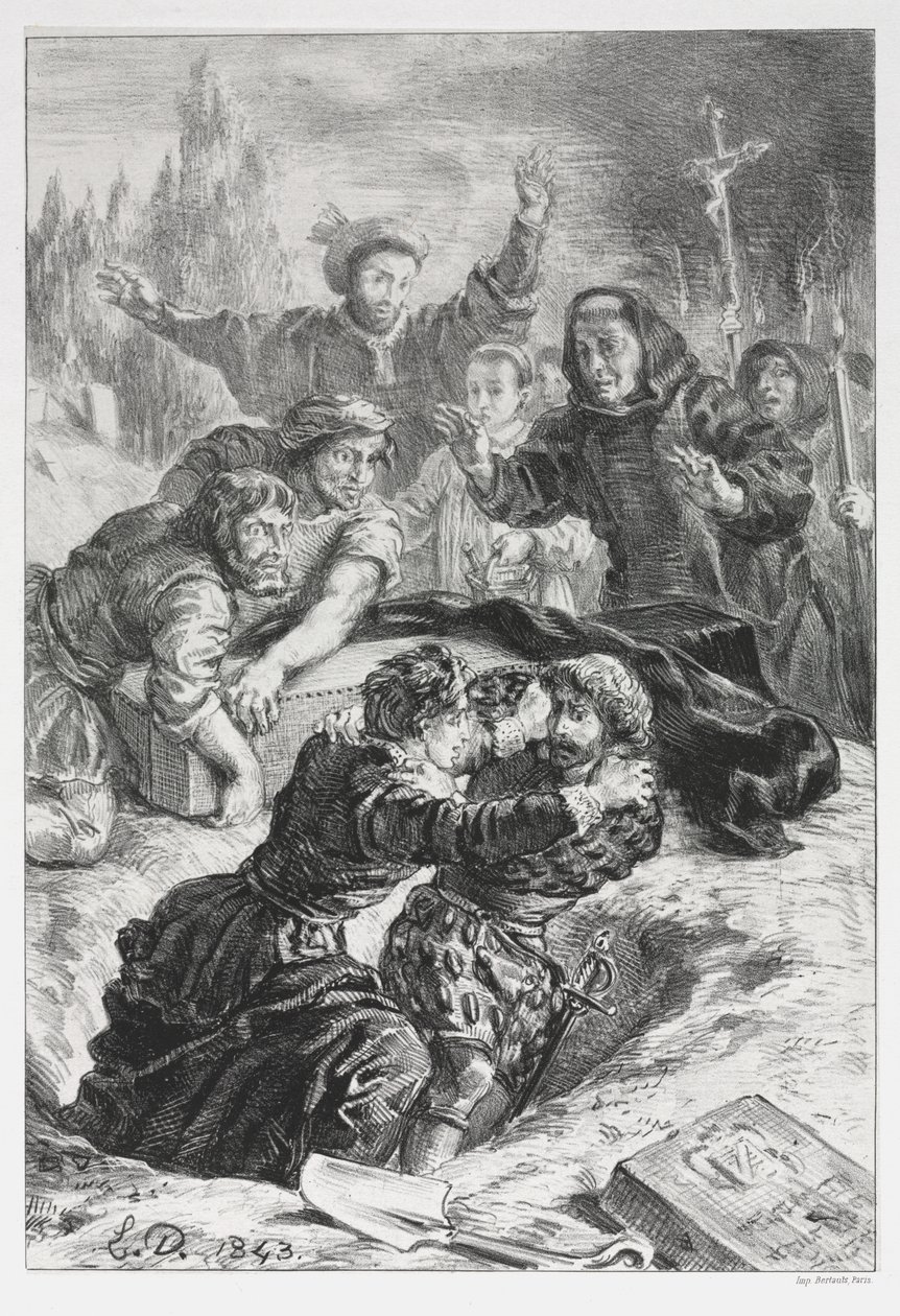 Hamlet: Hamlet og Laertes i graven til Ophelia av Eugène Delacroix