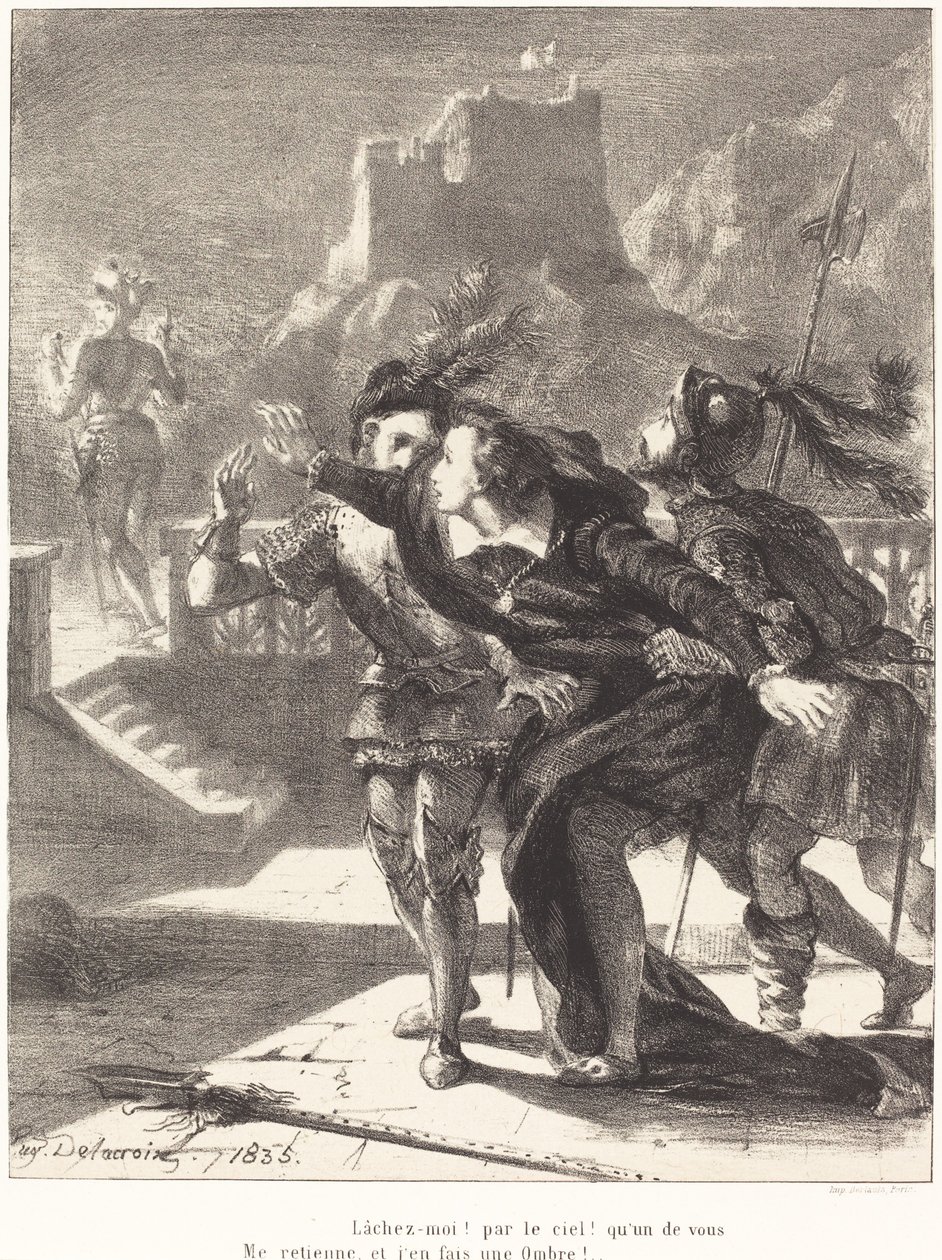 Hamlet ønsker å følge sin fars ånd (akt I, scene IV) av Eugène Delacroix