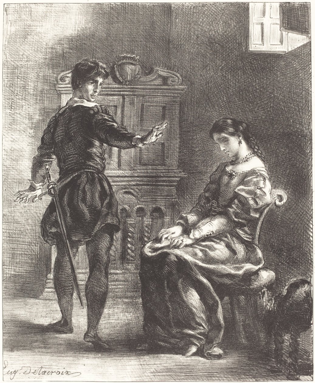 Hamlet og Ophelia (Act III, Scene I) av Eugène Delacroix