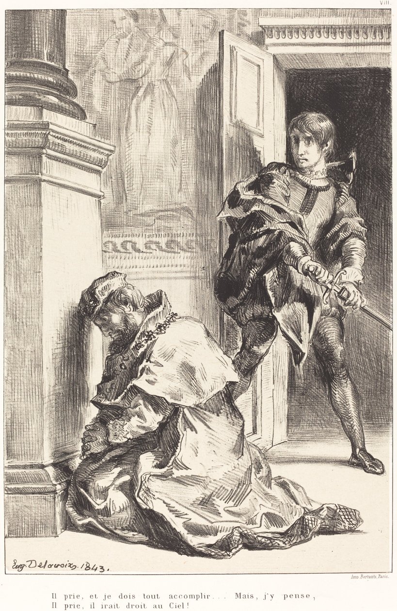 Hamlet er fristet til å drepe kongen (Act III, Scene III) av Eugène Delacroix