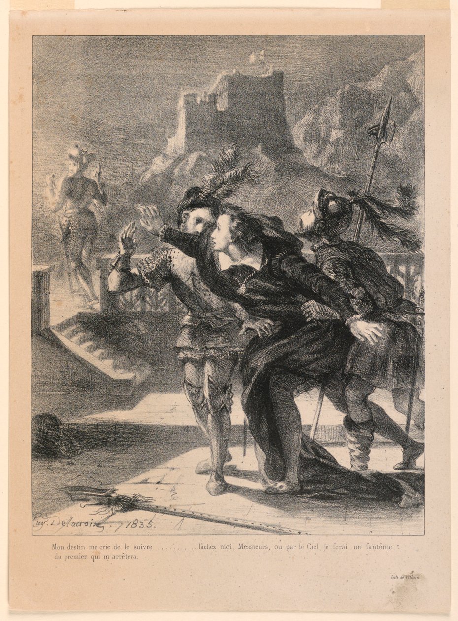 Illustrasjon for Hamlet: Hamlet prøver å følge sin fars ånd (I,4) av Eugène Delacroix