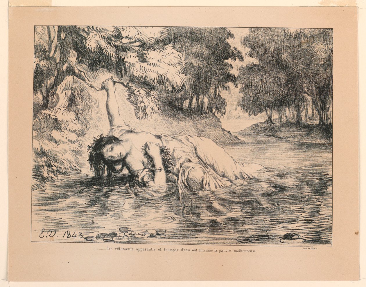 Illustrasjon for Hamlet: The Death of Ophelia (IV, 7) av Eugène Delacroix