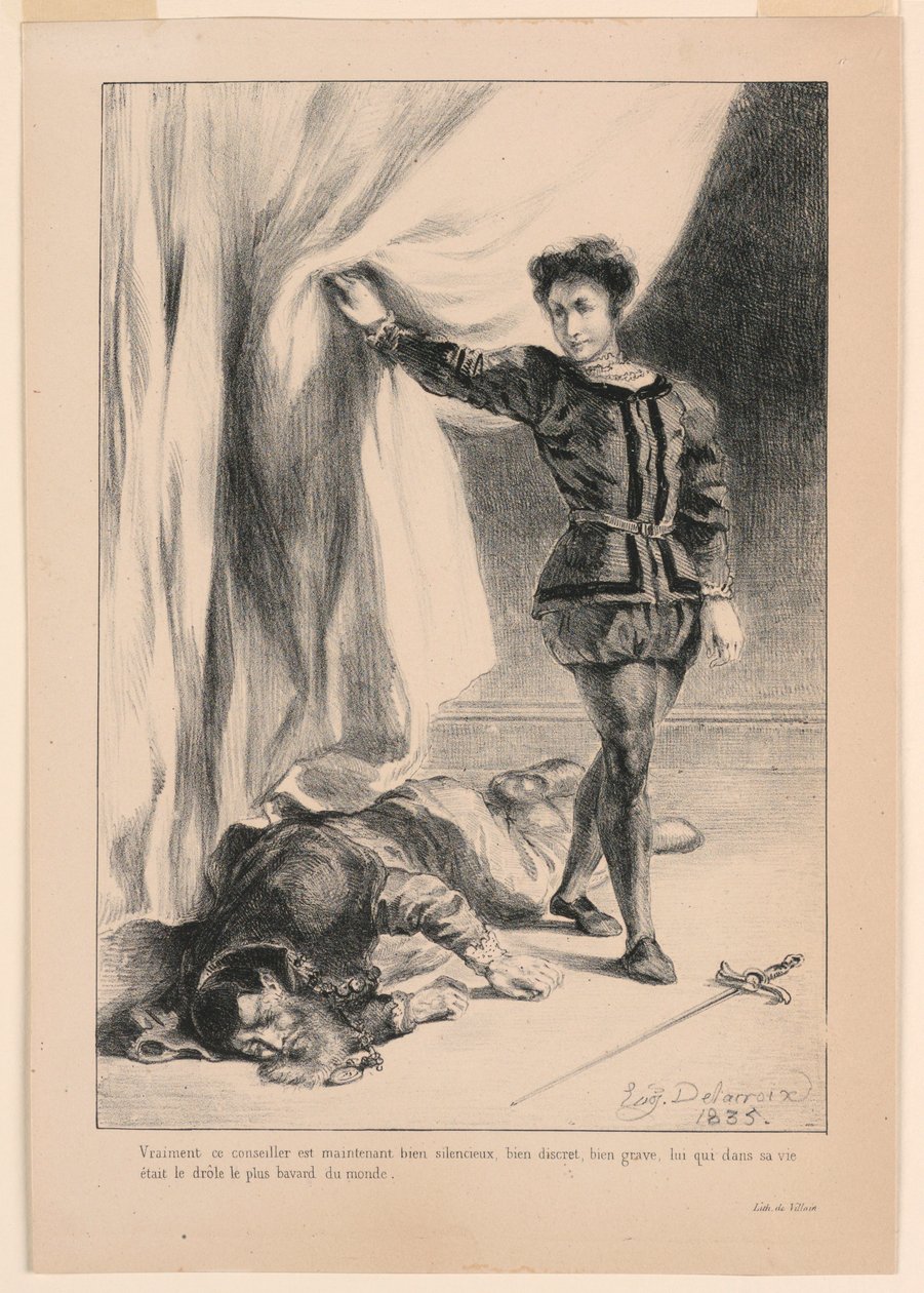 Illustrasjon for Hamlet: The Death of Polonius (III,4) av Eugène Delacroix