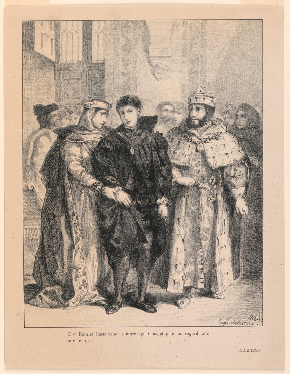 Illustrasjon til Hamlet. Dronningen prøver å heie Hamlet (I,2) av Eugène Delacroix