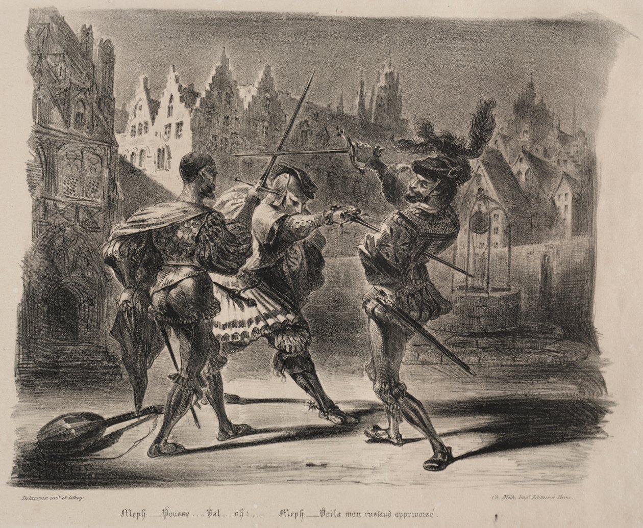 Illustrasjoner for Faust: Duell av Faust og Valentin av Eugène Delacroix