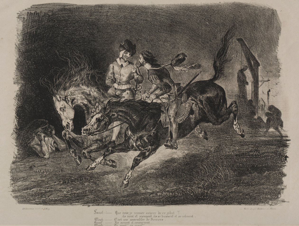 Illustrasjoner for Faust: Faust og Méphistophélés ridning på sabbaten av Eugène Delacroix