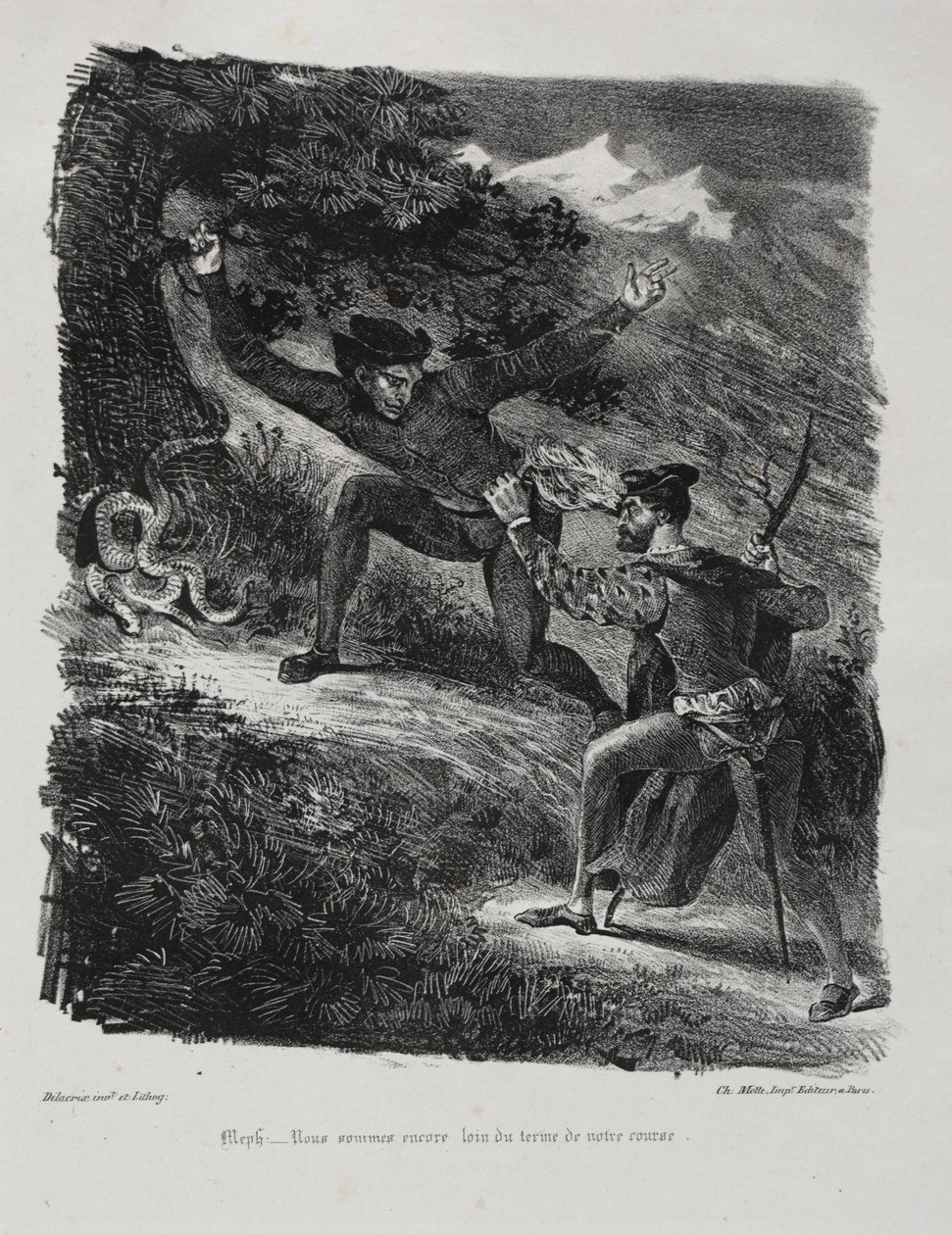 Illustrasjoner for Faust: Faust og Méphistophélés i Hartz-fjellene av Eugène Delacroix
