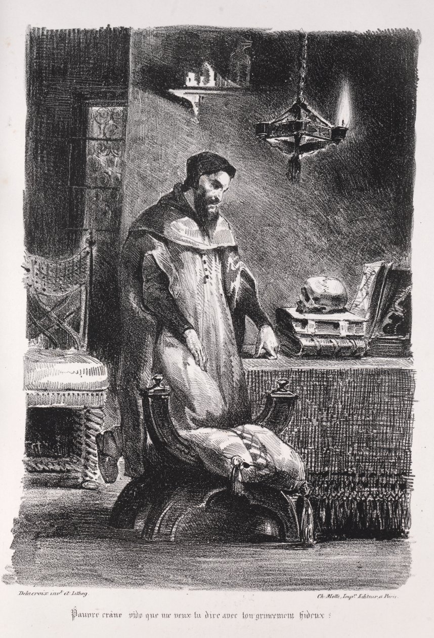 Illustrasjoner for Faust: Faust i garderoben hans av Eugène Delacroix