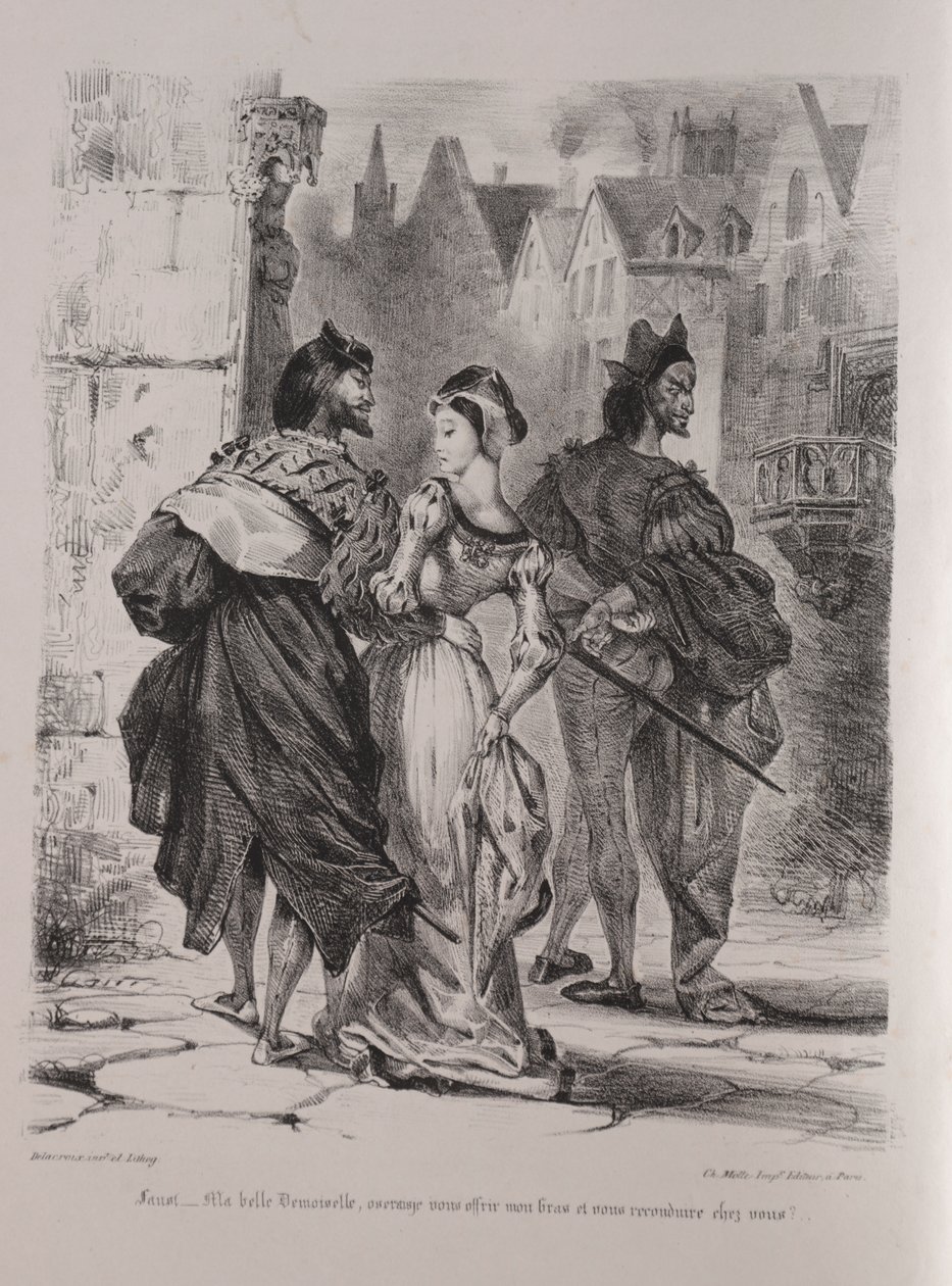 Illustrasjoner for Faust: Faust søker å lokke Marguerite av Eugène Delacroix